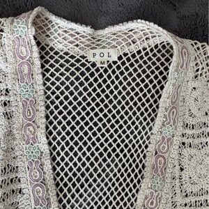 NWOT POL Cream Crochet Mesh Long Cardigan with Pastel sequin Embroidery